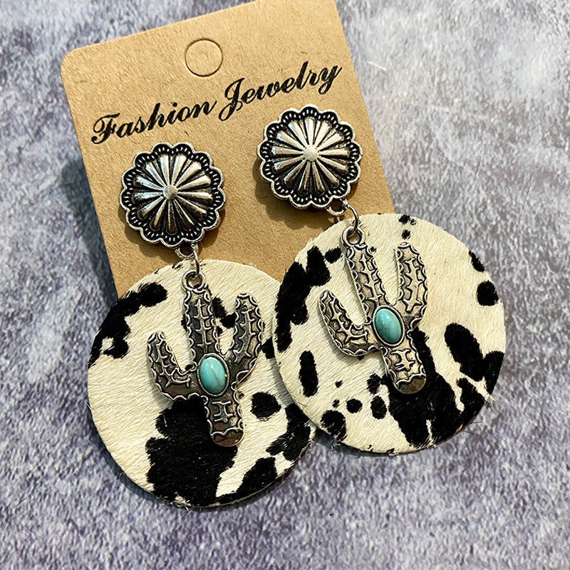 Wholesale Western Style Cow Print Leopard Print Cactus Leather Earrings